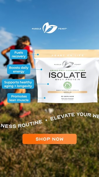 This ad creative features a clear product shot of Isolate Whey Protein labeled with four distinct health benefits, set against an outdoor lifestyle backdrop.